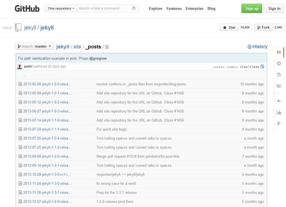 Der Webauftritt von Jekyll selbst ist auf GitHub gehostet. Ein Blick in den "_posts"-Ordner zeigt die letzten Beiträge im Markdown-Format.