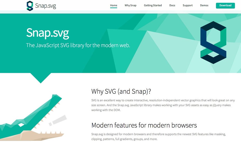 Die Startseite von snapsvg.io gibt einen kurzen Überblick, warum und wofür sich der Einsatz von SVG und Snap eignet.