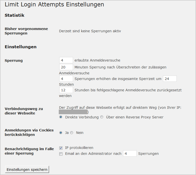 Plugins wie „Limit Login Attempts” schützen vor Brute-Force-Attacken, indem sie nach einer bestimmten Anzahl von falschen Anmeldungen innerhalb einer bestimmten Zeit eine Zwangspause für einen Nutzernamen verordnen.