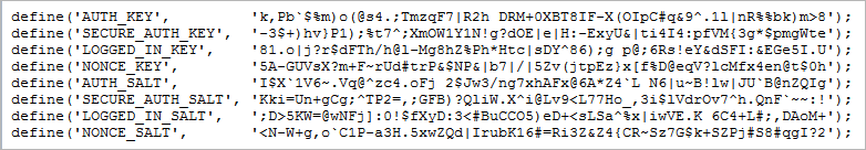 Sicherheit beginnt bei der WordPress-Installation, etwa bei den Sicherheitsschlüsseln für das Anpassen der Konfigurationsdatei, die hier zu sehen sind.