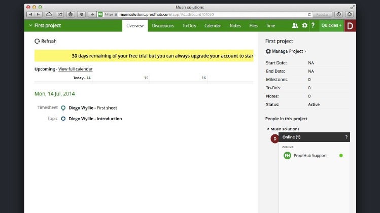 ProofHub bringt Collaboration, Kommunikation, Time Tracking, Aufgabenmanagement, Reporting und Dateiverwaltung unter einen Hut. (Screenshot: muensolutions.proofhub.com)