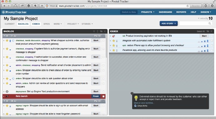 Pivotal Tracker verspricht agiles Projektmanagement und umfassende Collaboration-Features. (Screenshot: pivotaltracker.com)