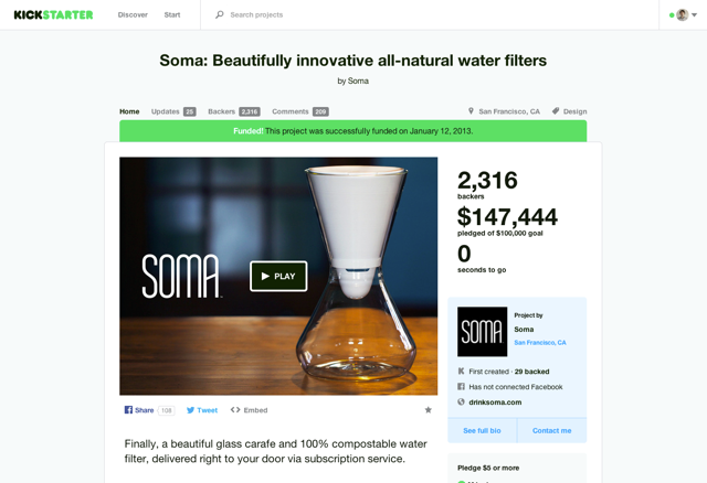 Das Team hinter dem stylischen Wasserfilter Soma zeigt, dass erfolgreiches Crowdfunding eine extrem gute Vorbereitung braucht und die Hinzuschaltung eines externen Kommunikationsberaters Sinn macht.