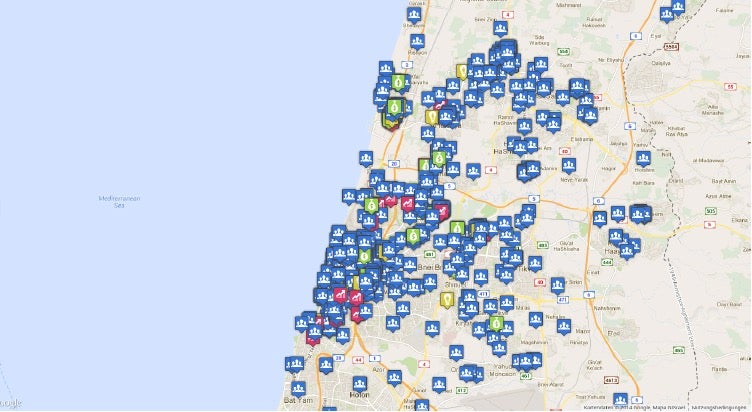 mappedinisrael.com: Die Karte zeigt Startups (blau), Accelerators, Communities, Investoren und vieles mehr. (Screenshot: mappedinisrael.com)