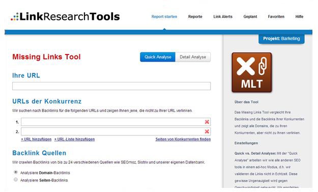 Das Missing-Link-Tool der LinkResearchTools gleicht das eigene Backlinkprofil mit dem von ausgewählten Konkurrenten ab. (Screenshot: Missing Links Tool)