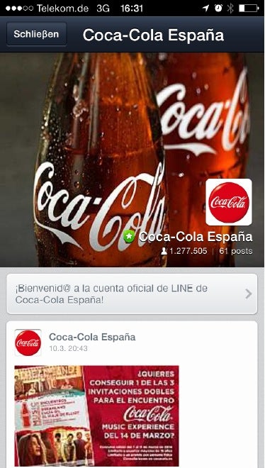 Der japanische Messenger Line ist mit den offiziellen Unternehmensprofilen auch international erfolgreich. So hat beispielsweise Coca Cola in Spanien auf Line weit über eine Millionen Abonnenten.