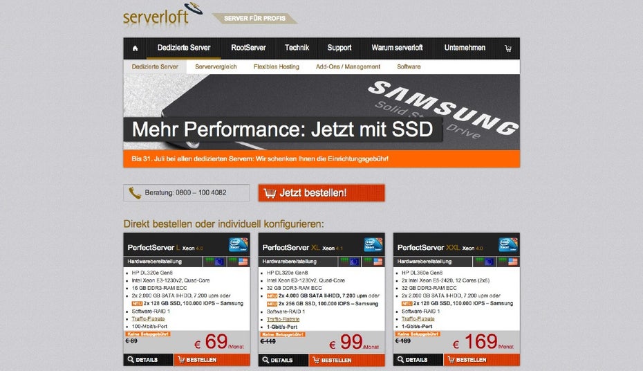 Namensverwirrungen: Bei Serverloft sind „RootServer“ ein virtuelles Produkt, eigene Hardware gibt es als „Dedizierten Server“. (Screenshot: serverloft.de)