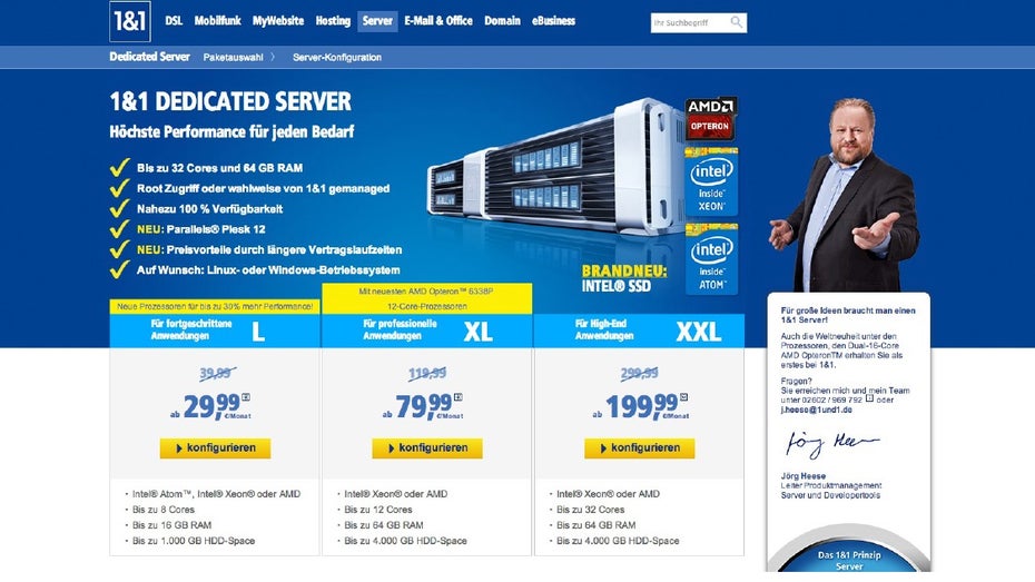 1&amp;1 bezeichnet seine Rootserver als „Dedicated Server“. Das Unternehmen hat in dem Rootserver-Bereich eine sehr breite Angebotspalette zu bieten. (Screenshot: 1und1.de)