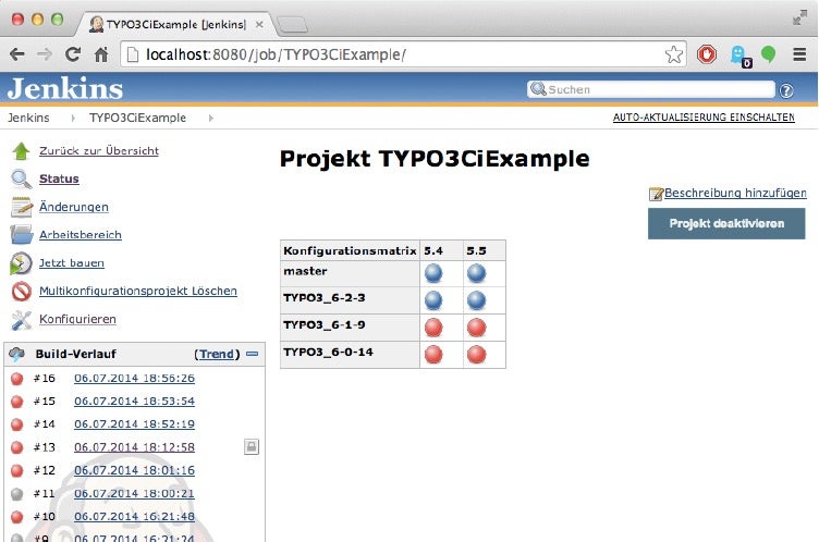 Ein Multikonfigurations-Build mit Jenkins. Im Beispiel kann ein TYPO3-Projekt mit beliebigen Kombinationen aus TYPO3- und PHP-Versionen getestet werden. (Screenshot: Jenkins CI)