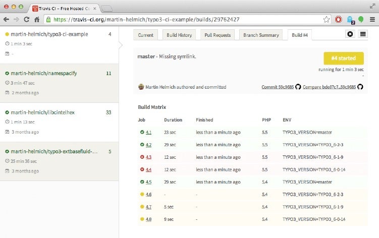 Auch Travis CI erlaubt Multikonfigurations-Builds wie in Jenkins. Das Erstellen von VMs zum Bauen wird dem Anwender jedoch weitgehend abgenommen. (Screenshot: Travis CI)