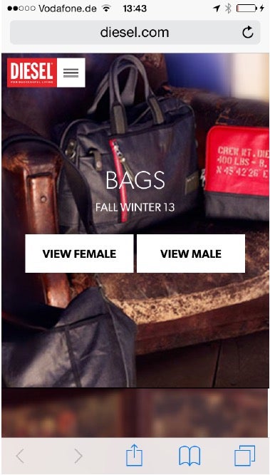 Auf Diesels mobiler Website wird die Toggled-Navigation fingerfreundlich abgewandelt - als bildschirmfüllendes Overlay mit größeren Buttons (Screenshot: diesel.com)