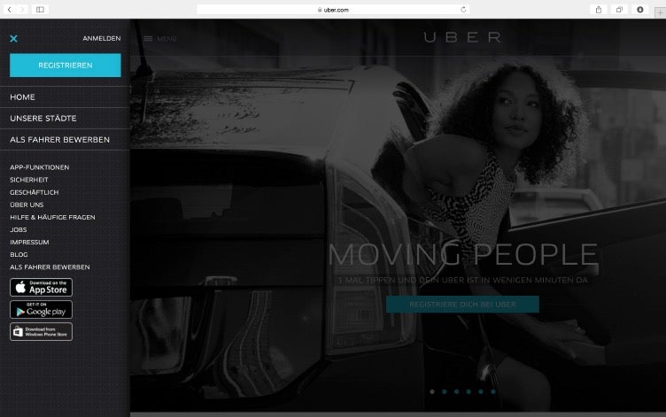 Menüs, die den ganzen Bildschirm einnehmen, haben auch auf dem Desktop ihre Vorteile - bei Uber wird beim Herausfahren des Off-Canvas-Flyouts der Seitenhinhalt abgeblendet, so dass Nutzer sich voll auf die Navigation konzentrieren können. (Screenshot: uber.com)