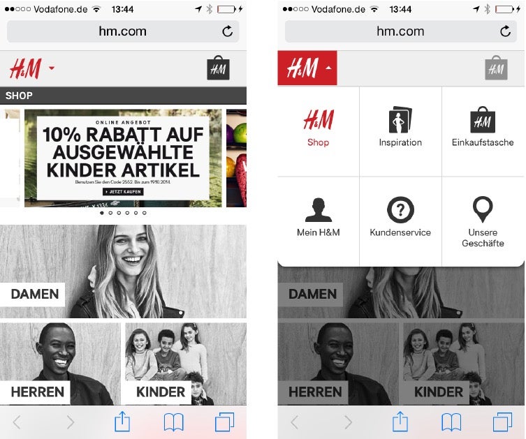 Mobil setzt H&M aufgrund der Fülle von Inhalten auf ein zweistufiges Navigationskonzept: Die Icons im Megadropdown rufen eine detaillierte Listen-Navigation für den jeweiligen Bereich auf. (Screenshot: hm.com)