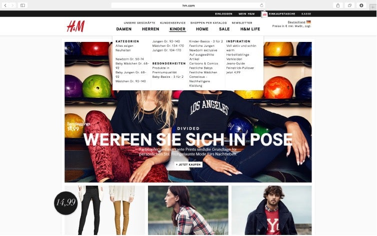 Das von H&M auf dem Desktop verwendete Mega-Dropdown wirkt zwar etwas ideenlos, bietet dafür aber alle Kategorien auf einen Blick. (Screenshot: hm.com)