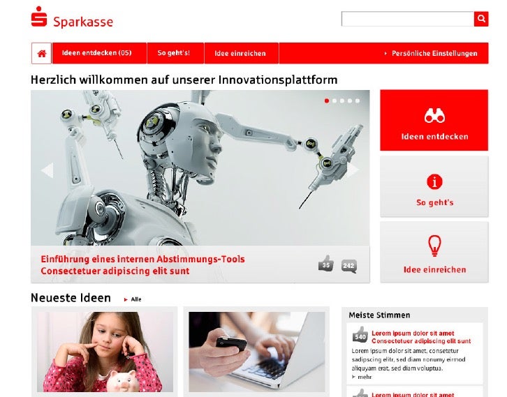 Die interne Crowdsourcing-Plattform der Sparkasse ist ins Intranet integriert. Hier kann jeder eine Idee einbringen. Die Vorgesetzten entscheiden, was verwirklicht wird. (Screenshot: Sparkasse)