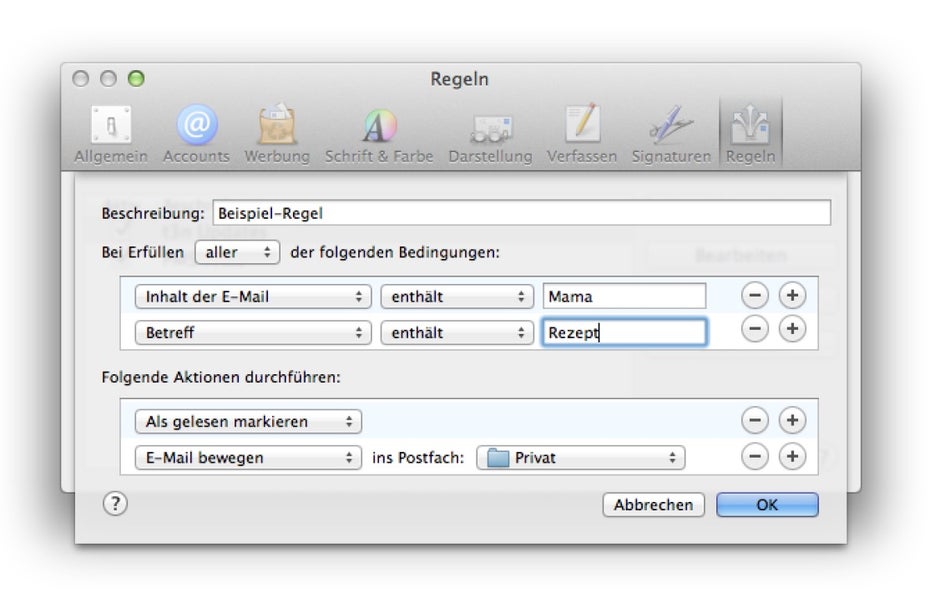 Bei Apple Mail definiert der Nutzer E-Mail-Regeln. In anderen Programmen heißt das Vorgehen manchmal Filtern. (Screenshot: Apple Mail)