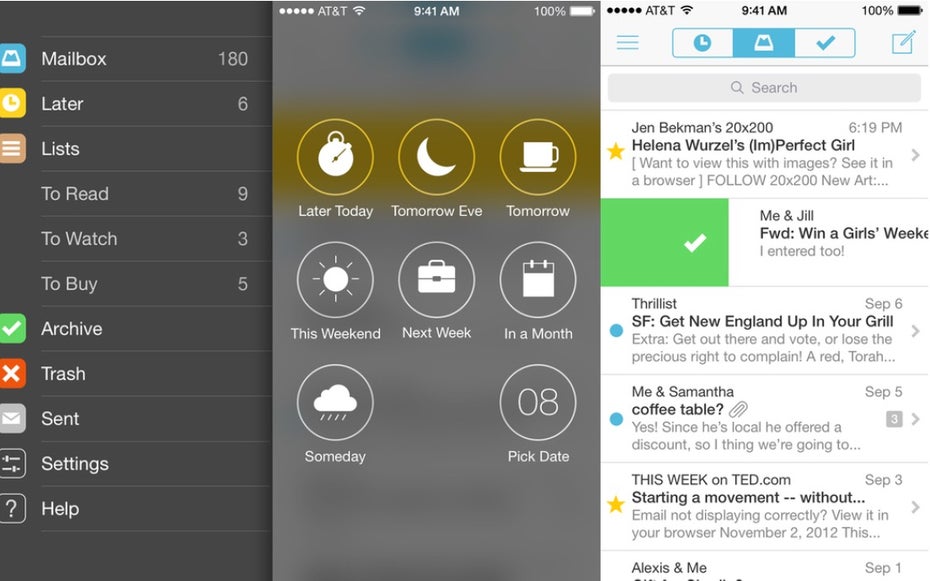 Die App Mailbox erlaubt das schnelle Sortieren und das verzögerte Absenden von E-Mails. (Screenshot: Mailbox)