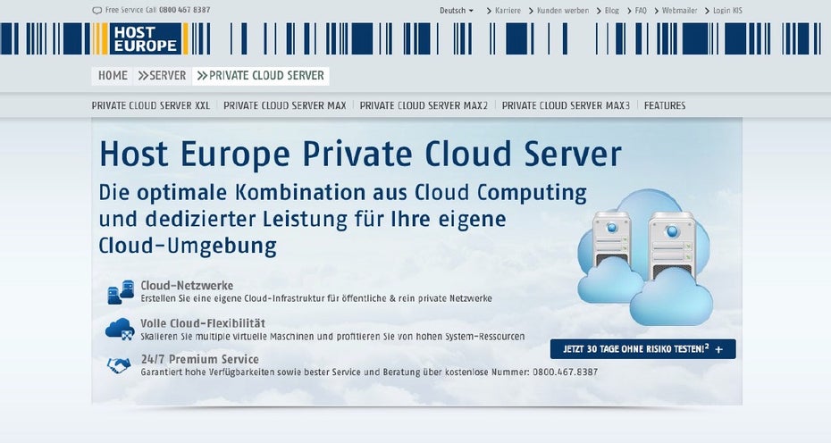 Hybride Clouds wie die von Host Europe beispielsweise kombinieren eine public mit einer private Cloud.