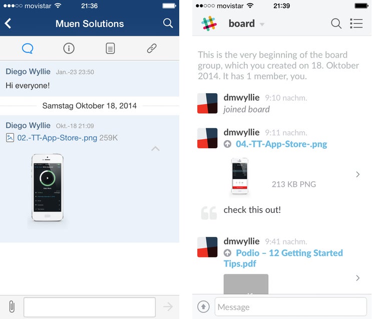 HipChat und Slack gibt es als Mobile App jeweils für iOS und Android mit gleichermaßen überzeugender Usability und Interface-Design. (Screenshot: HipChat/Slack )
