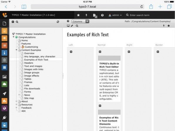 Mit seiner überarbeiteten Backend-Optik ist TYPO3 Tablet-freundlich: Auf dem iPad präsentiert es sich übersichtlich, hier mit deaktivierter Modulbeschriftung. Mit seiner überarbeiteten Backend-Optik ist TYPO3 Tablet-freundlich: Auf dem iPad präsentiert es sich übersichtlich, hier mit deaktivierter Modulbeschriftung.