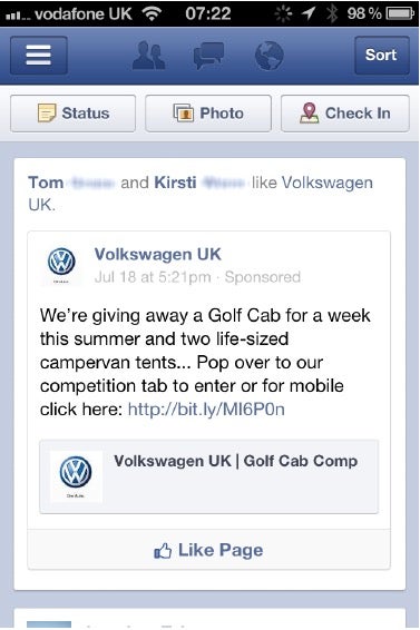 Volkswagen mit einem Sponsored Post bei Facebook: Im Idealfall sind solche Posts kontext-sensitiv und reagieren auf die Nutzungssituation des Users. (Screenshot: facebook.com)