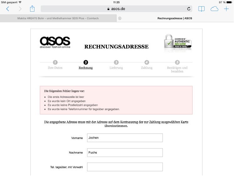 Asos bietet ein schlechtes Beispiel: Der Kunde wird mobil mit einer enormen Menge von Dateneingaben „gequält“ und erfährt erst im vorletzten Schritt des Checkouts, welche Zahlungsmöglichkeiten zur Verfügung stehen. (Screenshot: comtech.de)