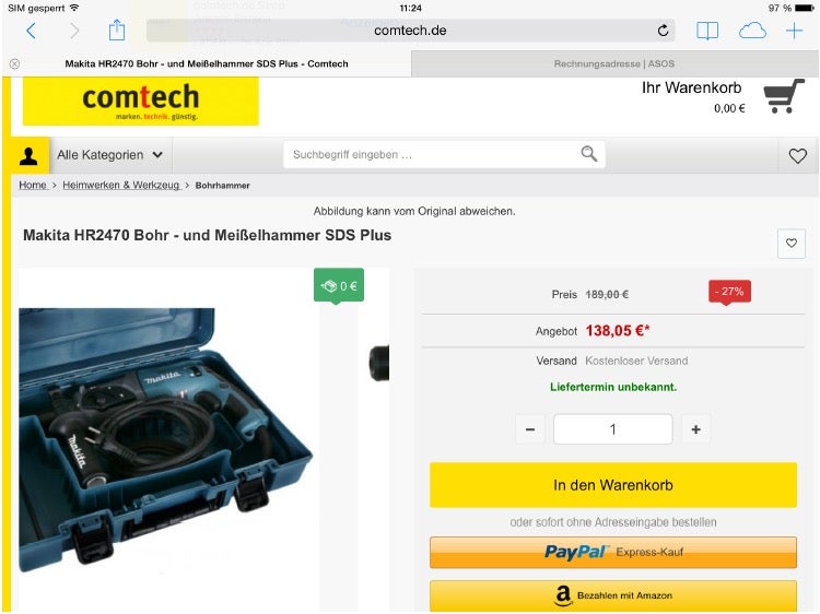 Comtech zeigt wie es geht: Hier ist dem Kunden schon beim Hinzufügen in den Warenkorb klar, dass der schnelle Checkout mit Paypal oder Amazon zur Verfügung steht. (asos.de)