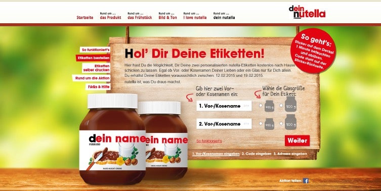 Der letzte Marketingcoup von Nutella: Schokocreme-Fans können sich online ein eigenes Etikett für ihr Nutellaglas gestalten und zuschicken lassen. (Screenshot: nutella.de)