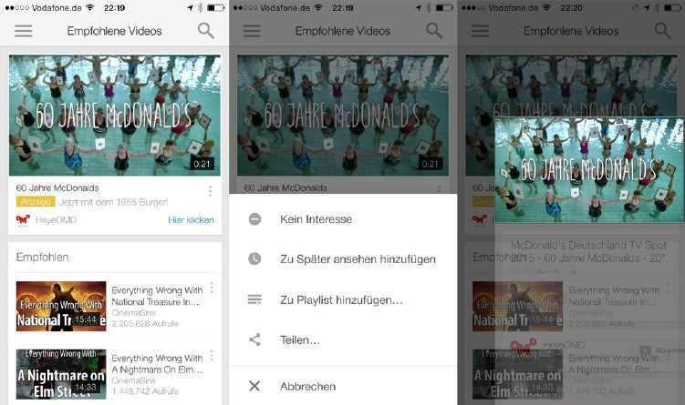 YouTube besticht bei seiner mobilen App mit durchdachter Navigation: Per Swipe kann der Nutzer hier beispielsweise Videos minimieren, um nach weiteren Inhalten zu suchen. (Screenshot: Youtube-App)