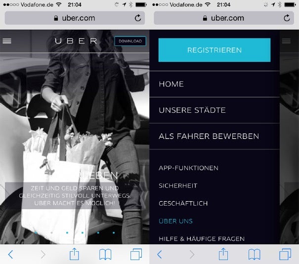 Neue Geräte rufen immer wieder neue Entwicklungen hervor, wie etwa die Off-Canvas-Flyouts , die heute fast zum Standard responsiven Designs gehören, wie hier bei Uber. (Screenshot: Uber.com)