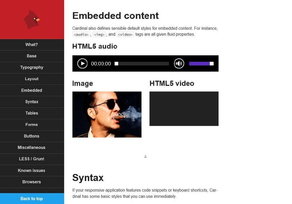 Im Embedded-Modul hält Cardinal Stile für die responsive Einbettung von HTML5-Video- und Audioelementen bereit. (Screenhsot: Cardinal)