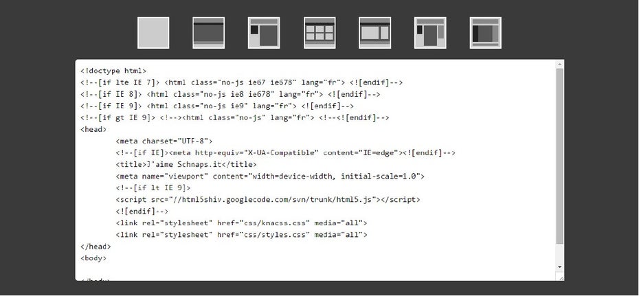 Zu KnaCSS gehört der Layout-Generator Schnaps.it, bei dem man per Mausklick das CSS für sieben vorgefertigte Layouts wählen kann. (Screenshot: Schnaps.it)