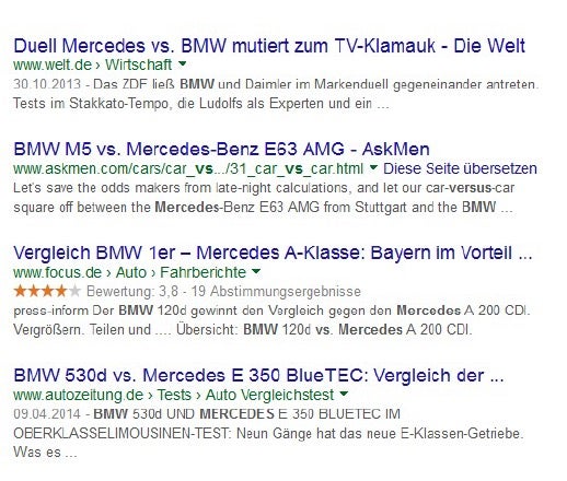 Markennamen sollten möglichst im Title auftauchen. Erkennen Suchende innerhalb der Suchergebnisse bekannte Markennamen, erhöht sich die Klickwahrscheinlichkeit. (Screenshot: google.de)