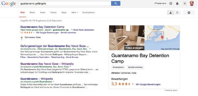 Die Location „Guantanamo“ bekommt bei Google Maps in 135 Erfahrungsberichten durchschnittlich nur 3,3 von 5 Sternen – eine Fünf-Sterne-Residenz sieht anders aus. (Screenshot: google.de)