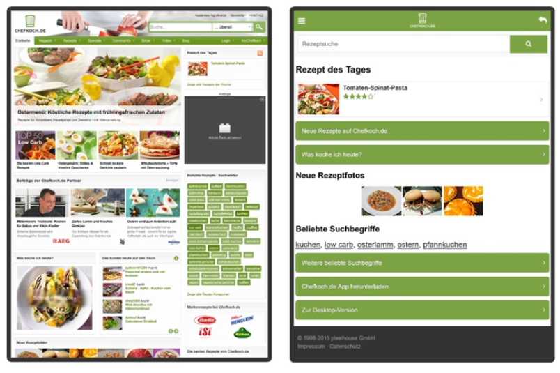 Eine erhöhte Verweildauer erreicht man auch über eine Plattform-abhängige Personalisierung: Chefkoch beispielsweise spielt auf der Desktop-Site anderen Content aus als auf der mobilen Variante.