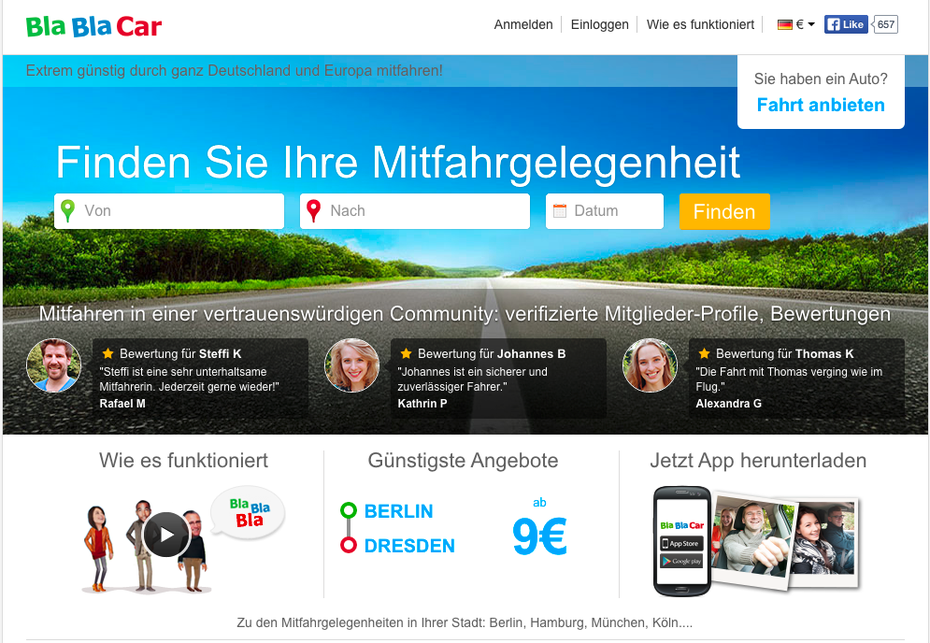 Erfolgsmodell der Share-Economy: BlaBlaCar hat vor kurzem die deutschen Mitbewerber Mitfahrgelegenheit.de und Mitfahrzentrale.de übernommen.