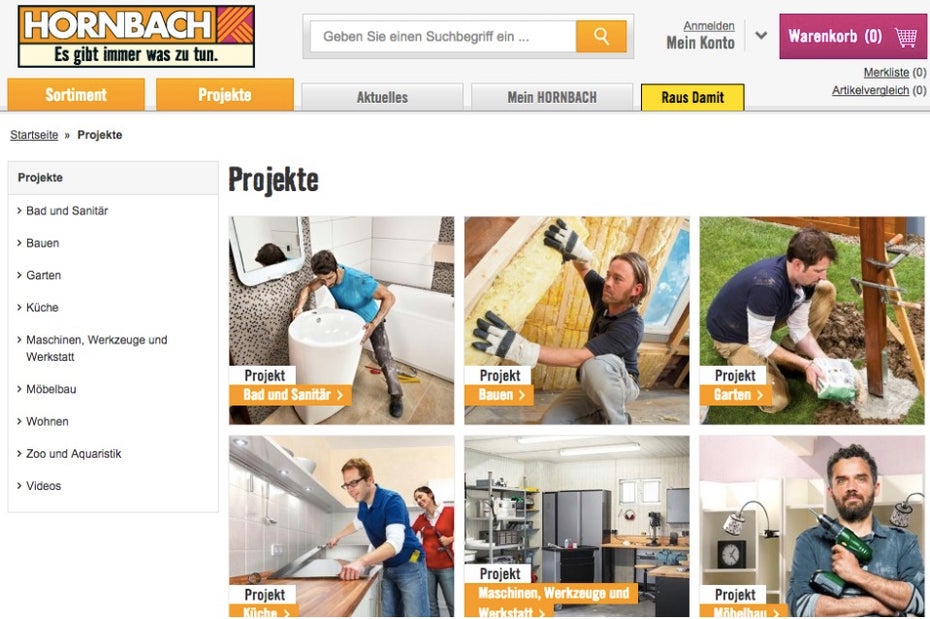 Die Baumarktkette Hornbach holt ihre Bedürfnisgruppe ab, indem sie typische Reparatur- und Bauanleitungen auf ihrer Website zur Verfügung stellt.