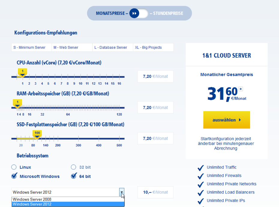 Beim 1&1 Cloud Server lassen sich CPU, RAM und Speicher beliebig konfigurieren und während des Betriebs jederzeit ändern, bei minutengenauer Abrechnung.