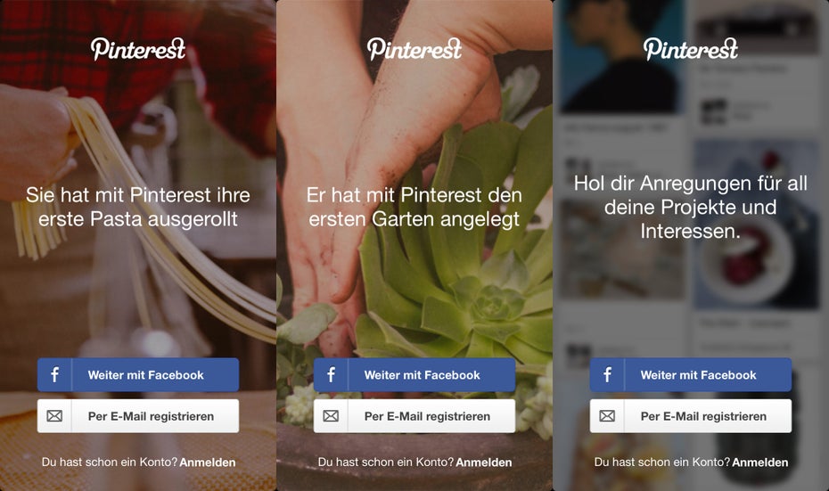 Das Onboarding von Pinterest ist dezent: Im Hintergrund des Anmeldebildschirms sind unaufdringlich Anregungen zu sehen, die neuen Kunden Ideen liefern.