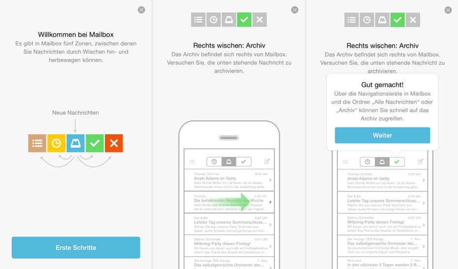 Die iOS-App Mailbox überzeugt mit einem interaktiven Tutorial. Es erklärt Nutzern nicht nur die Funktionen, sie können sie auch direkt ausprobieren und somit die Grundlagen für künftige Gewohnheiten schaffen.