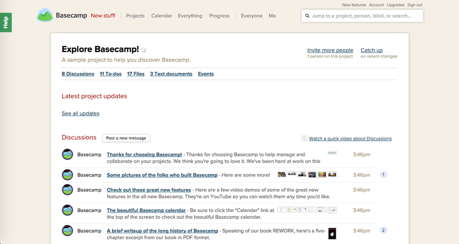 Kunden der Projektmanagement-App Basecamp finden in ihrem Nutzerkonto ein selbst erklärendes Testprojekt, das zu verschiedenen Aktionen auffordert.