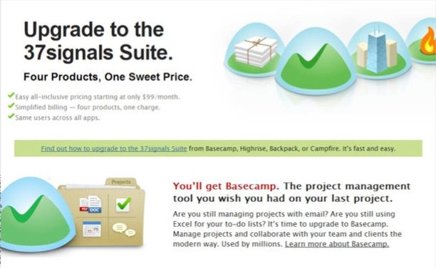 Produktivität rund um den Projektmanager Basecamp: Die Tools von 37Signals wurden zwischenzeitlich sogar als Konkurrenz für die Google-Apps gehandelt. (Screenshot: 37signals.com)