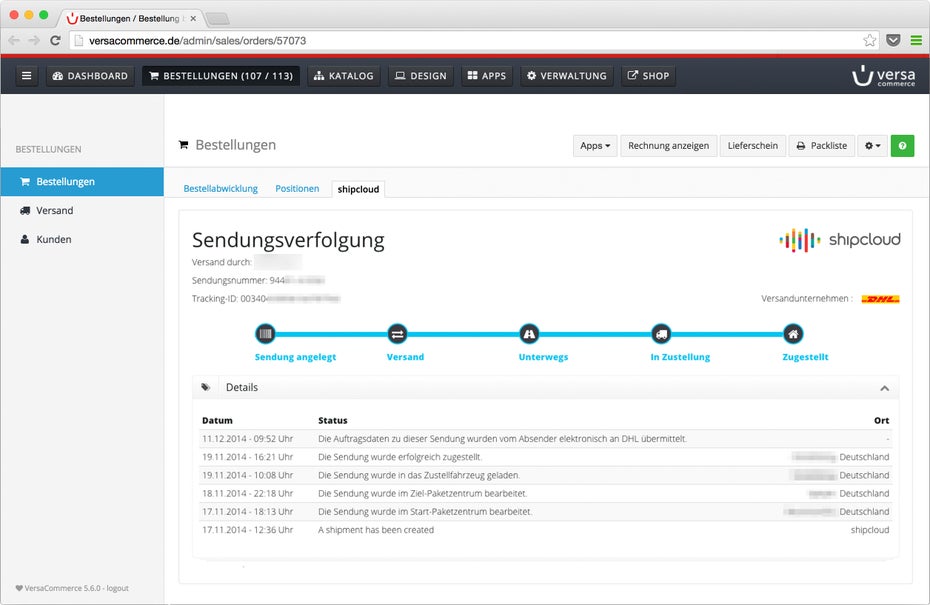 Die shipcloud-Einbindung in VersaCommerce ermöglicht nicht nur die Wahl des günstigsten Logistikers, sondern auch die Sendungsverfolgung durch den Händler. (Screenshot: Versacommerce)