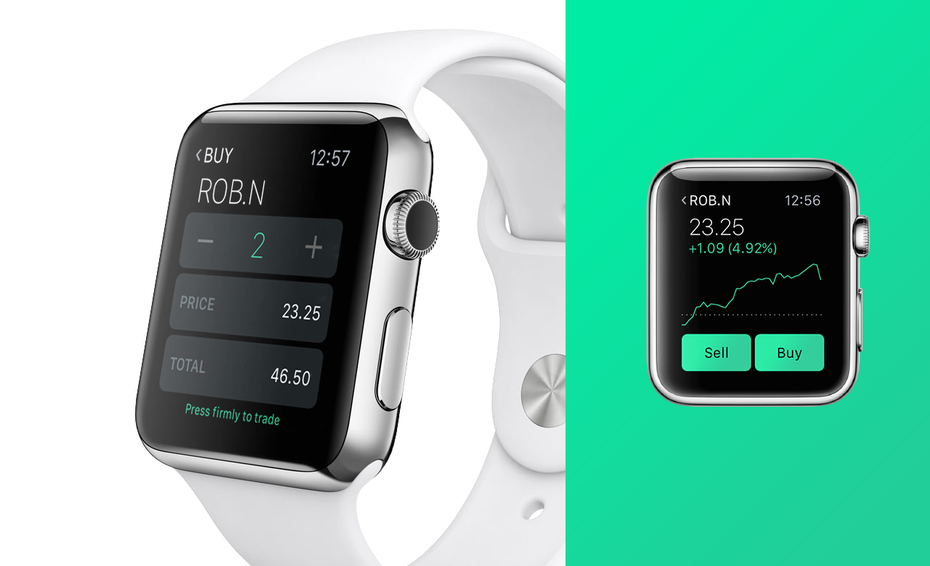 Immer mehr Trading-Apps sind für einen noch schnelleren Informationsfluss auch für Smartwatches erhältlich – hier zu sehen die Apple-Watch-Version der Trading-App Robinhood.