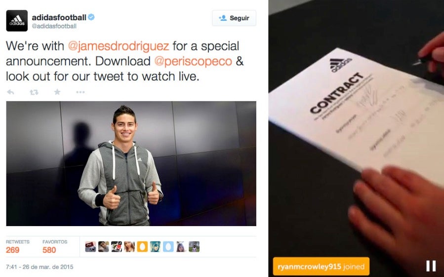 Kundenbindung hautnah: Adidas streamte die Vertragsunterzeichnung des Fußballspielers James Rodriguez live per Periscope.