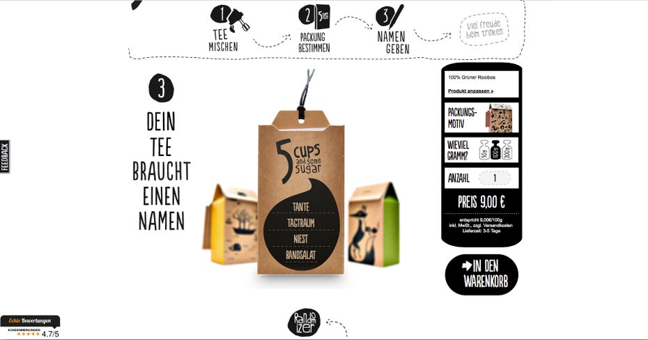 Beim Tee-Web-Shop 5Cups kann man sich Tee selbst zusammenstellen - und über einen Teenamen-Generator individuelle Labels mitbestellen. Ein Beispiel für gelungene User Experience.