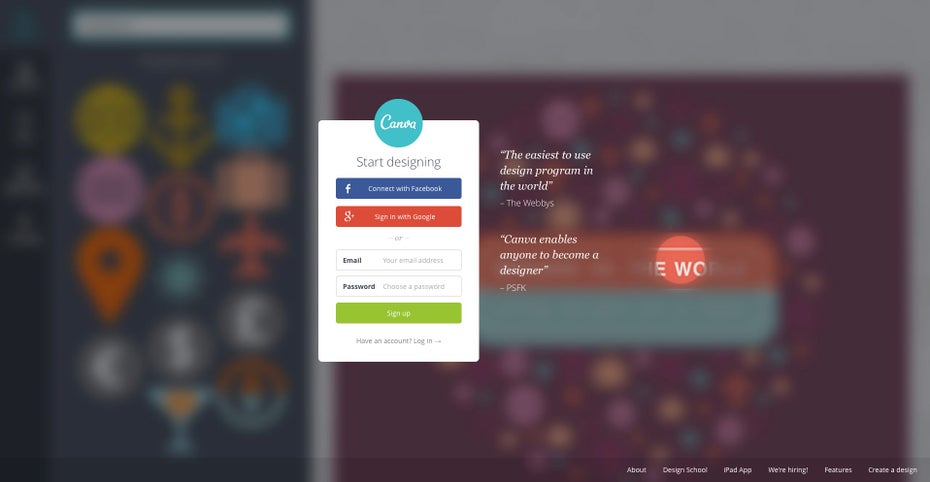 Gutes Interaktionsdesign macht neugierig: Wer sich für den Design-Web-Service Canva registriert, sieht beim Mouse-Over für einen kurzen Moment das eigentliche Interface. Sonst liegt es verschwommen im Hintergrund.