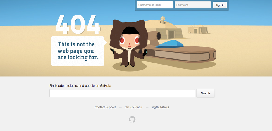 Witzige 404-Fehlerseiten machen aus einem frustrierenden ein humorvolles Erlebnis. Wie etwa die GitHub-Fehlerseite, die an eine Filmreihe erinnert, die den Nutzern sicherlich vertraut sein dürfte.