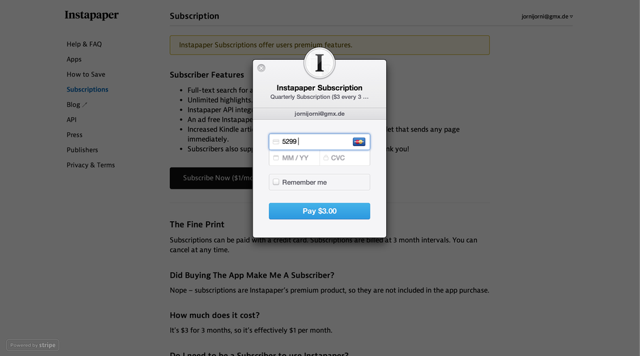 Instapaper nutzt viele kleine Details, um die Usability beim Erwerb der Premium-Funktionalität zu verbessern. Beispielsweise blendet er die passende Kreditkarten-Marke anhand der eingegebenen Nummer ein.