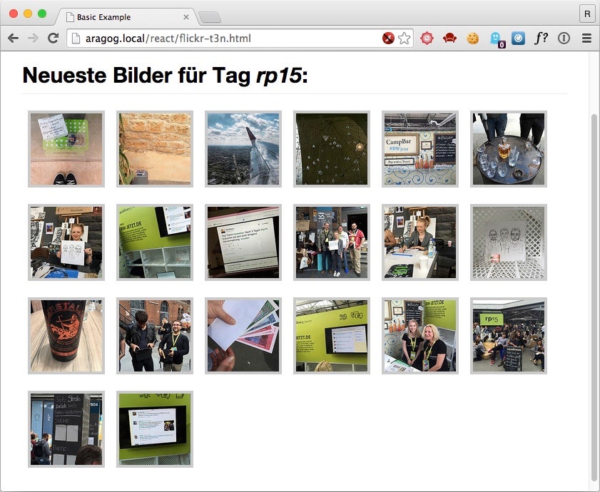 Die kleine Beispiel-Anwendung von React zieht Bilder von flickr und zeigt sie in einer Art Lightbox. Anhand dieses Beispiels lässt sich die Funktionsweise von React gut erklären.